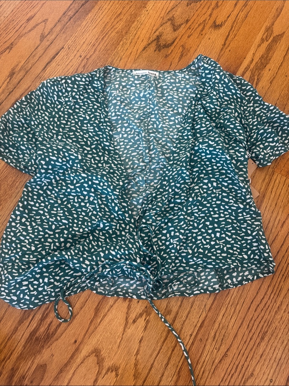 NWT Reformation Vintage Teal Green Printed Tie-Front Blouse